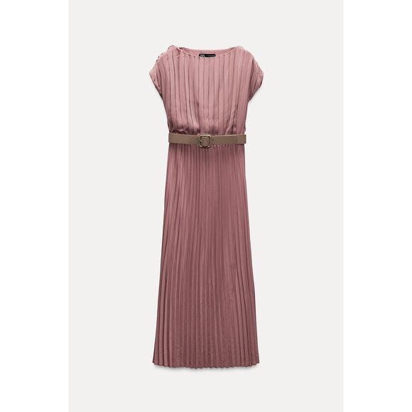 ZARA Rose Pink Marsala Pleated Midi Belted Dress Size Large NWT - Picture 2 of 10